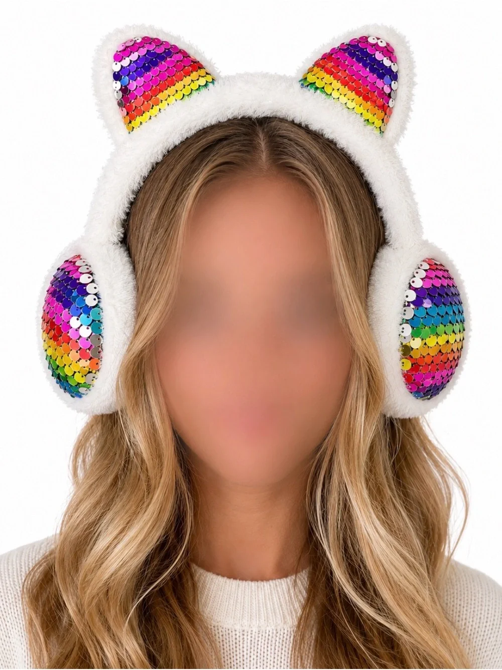 Sequin Rainbow Cat Ear Earmuffs - White